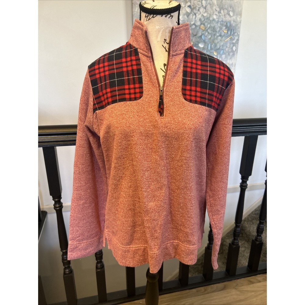 Orvis Red Heathered Plaid Shoulder Elbow Patch 1/4 Zip Mock Neck‎ Pullover Med